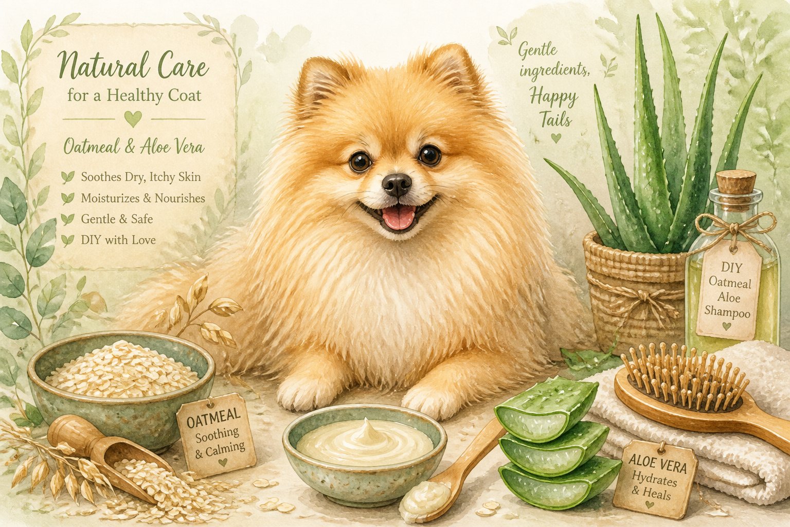 A fluffy Pomeranian dog surrounded by oatmeal grains, aloe vera leaves, and grooming tools in a calm natural setting.