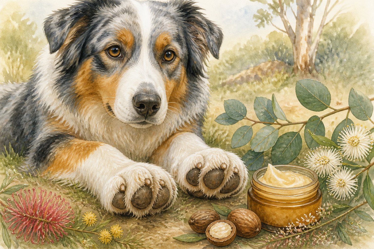 Close-up of an Australian Shepherd dog sitting on grass with healthy paws surrounded by natural healing elements like shea butter and eucalyptus leaves.