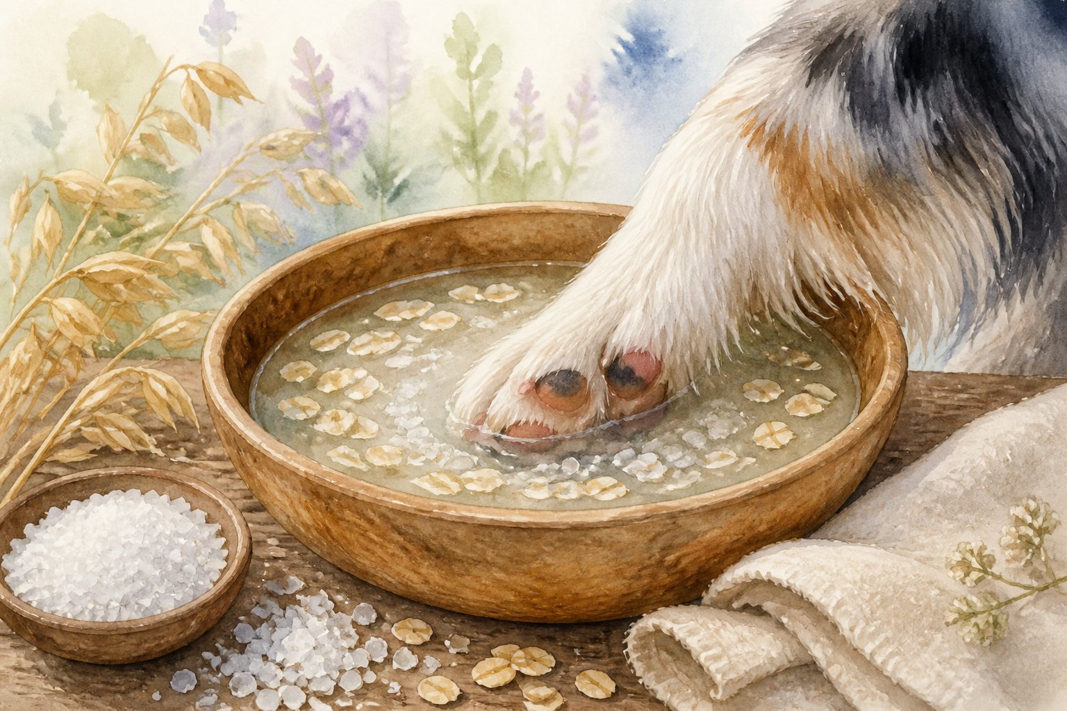 A wooden bowl filled with water, oatmeal flakes, and salt crystals with an Australian Shepherd's paw soaking in it, surrounded by oatmeal stalks and a towel on a wooden surface.