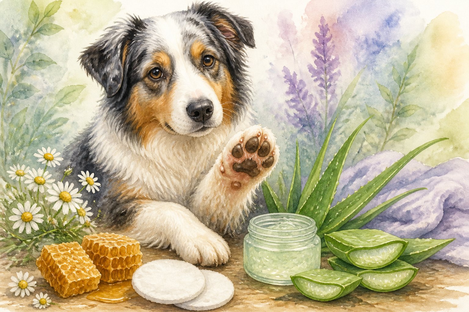 An Australian Shepherd dog with its paw lifted, surrounded by aloe vera leaves and natural healing elements like flowers and honeycomb.