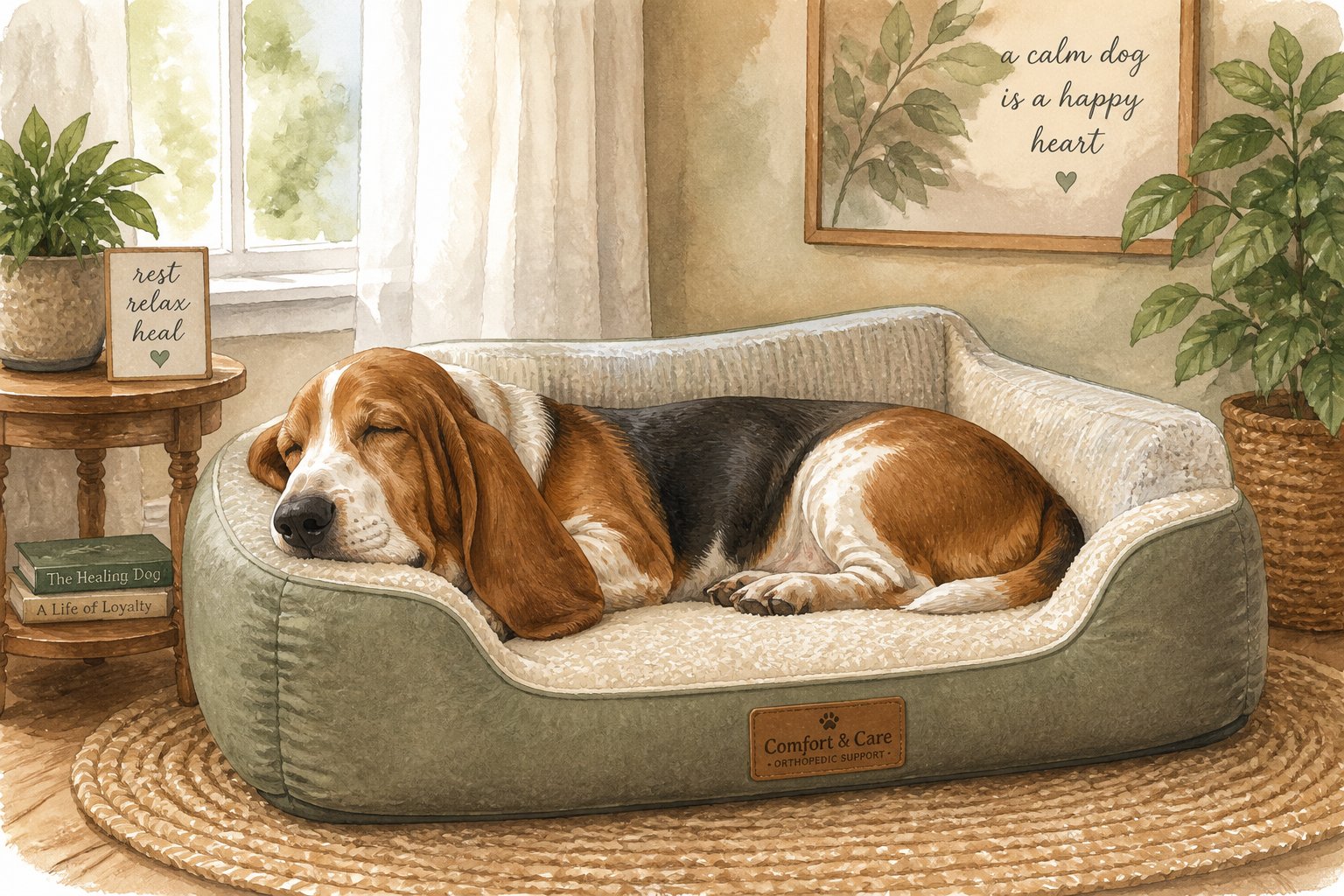 A Basset Hound resting peacefully on a soft orthopedic dog bed placed in a quiet, warm corner of a living room with natural light and plants nearby.