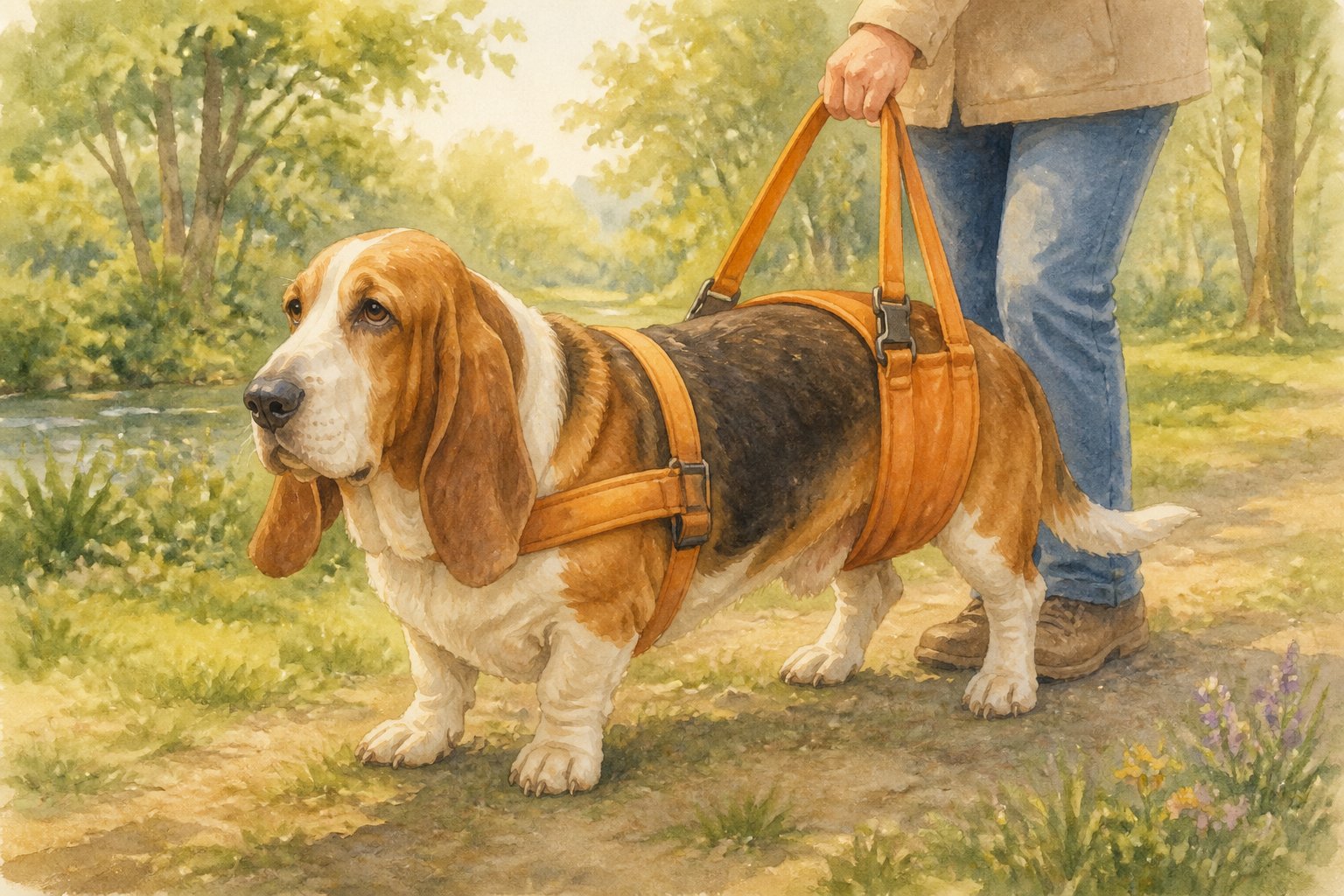 A Basset Hound wearing a ginger support harness standing on a grassy path in a park during a walk.