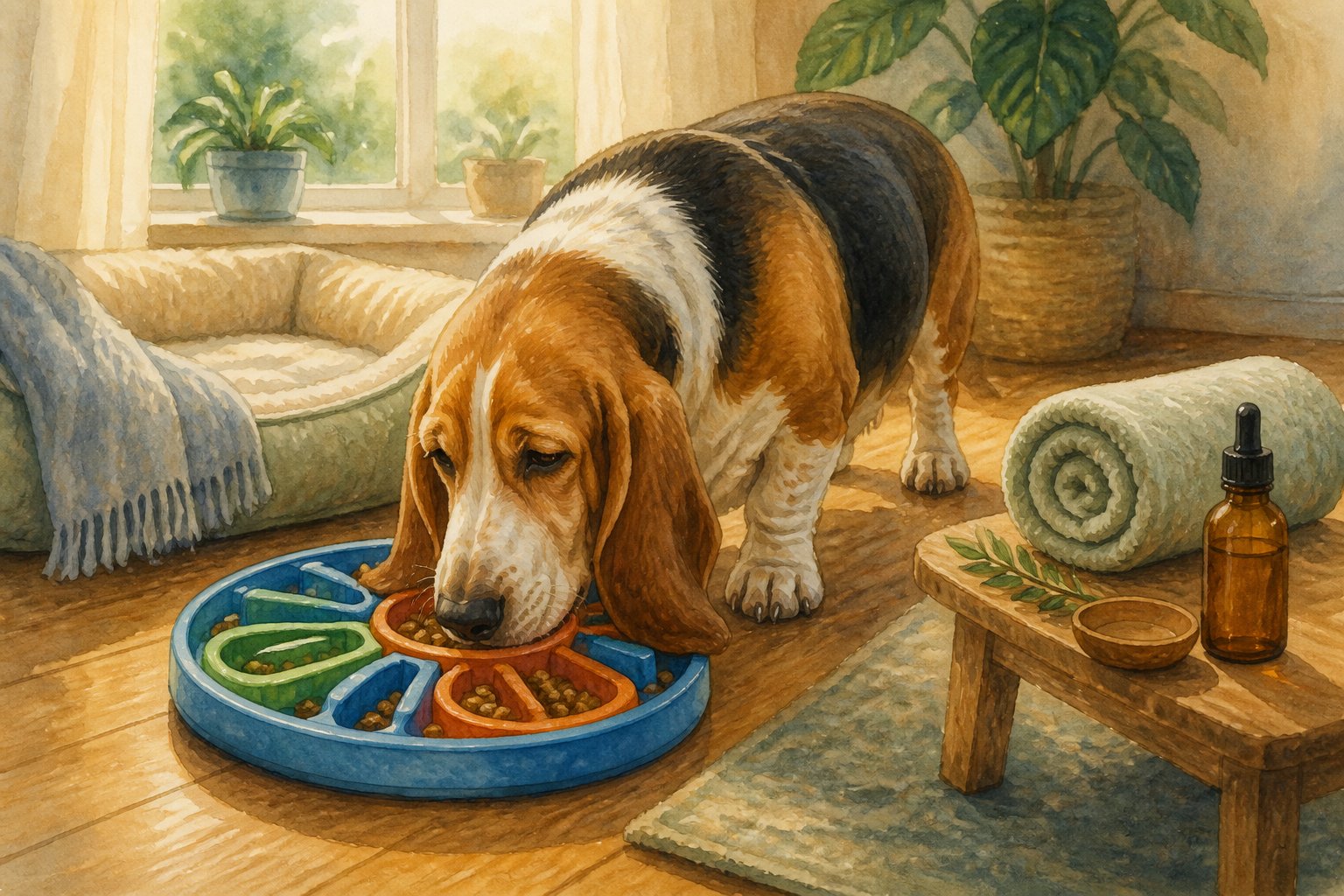 A Basset Hound eating from a puzzle feeder on a wooden floor next to a dog bed with pet care items nearby in a warmly lit room.