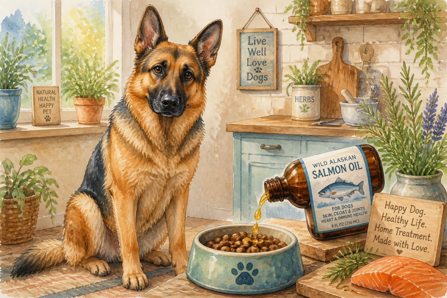 A German Shepherd sitting by a bowl of dog food with salmon oil being added in a cozy kitchen.