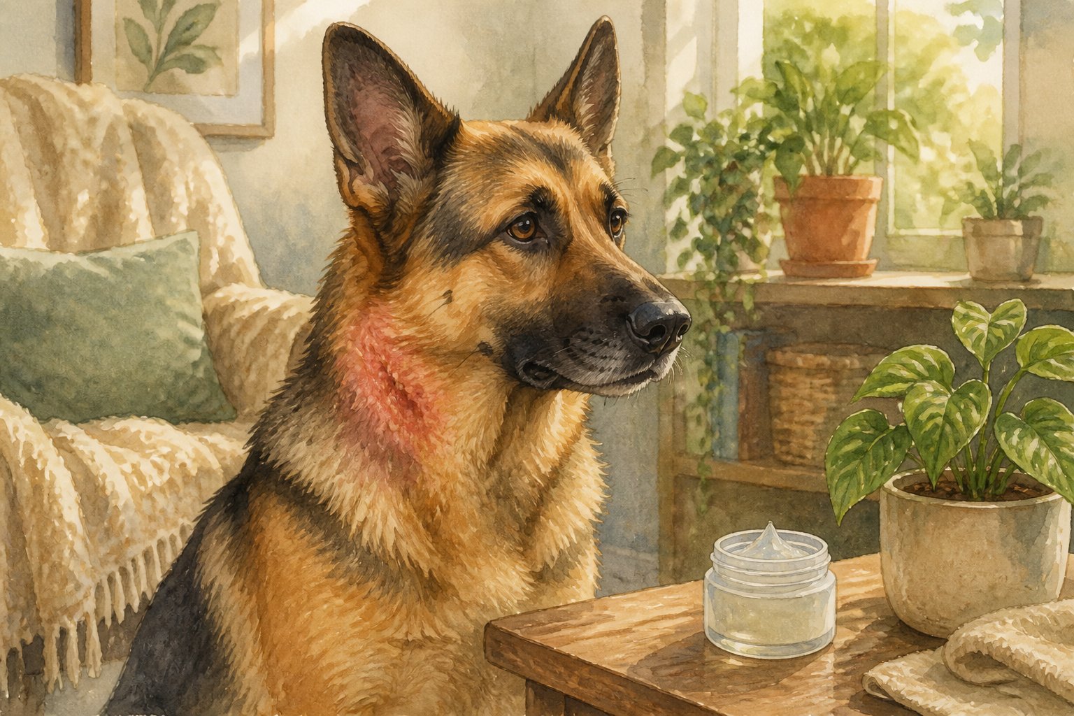 A calm German Shepherd sitting indoors with a small irritated patch on its neck, next to a jar of antimicrobial hydrogel on a wooden table.