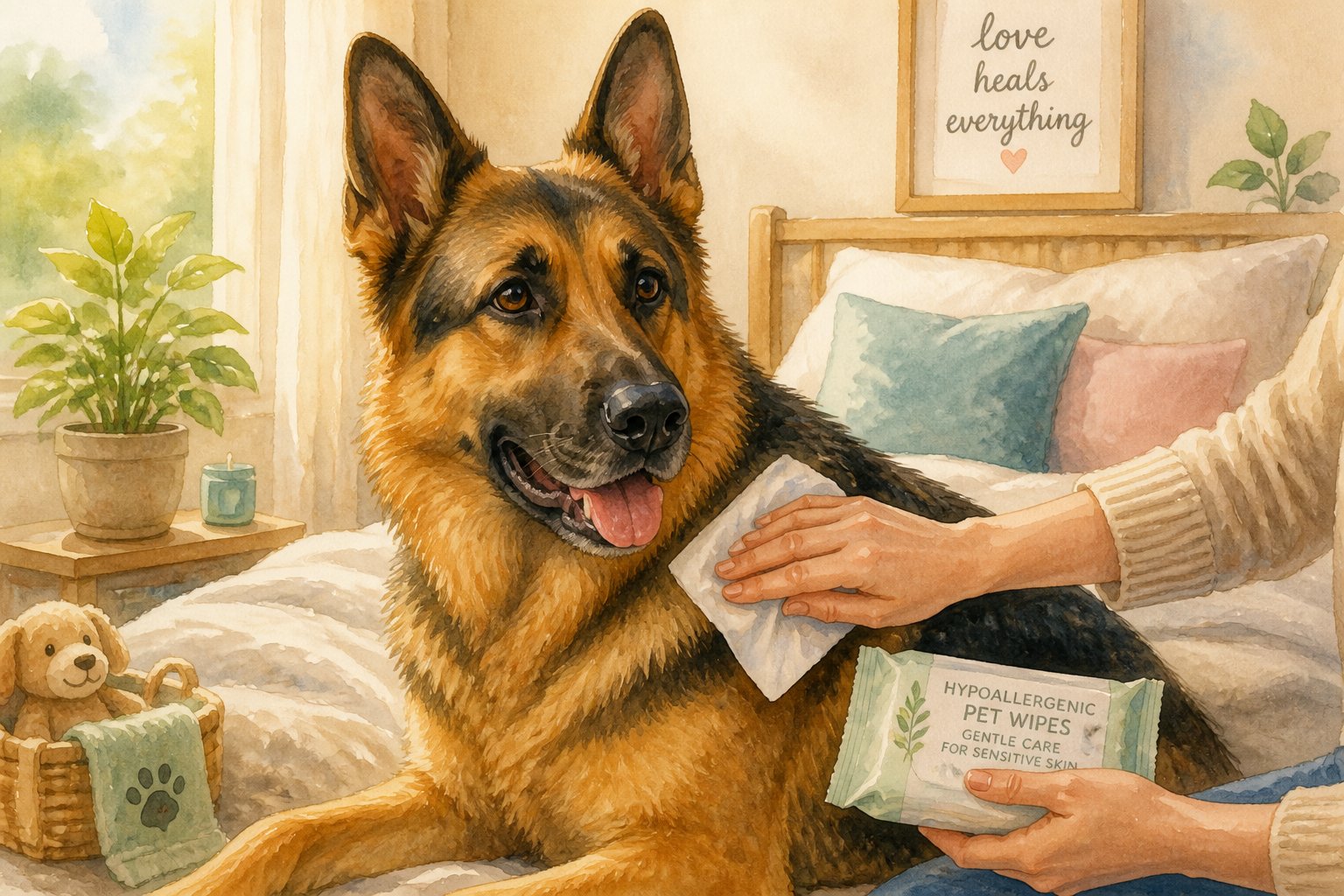 A German Shepherd dog sitting calmly on a soft bed while a person gently wipes its coat with grooming wipes in a cozy home setting.