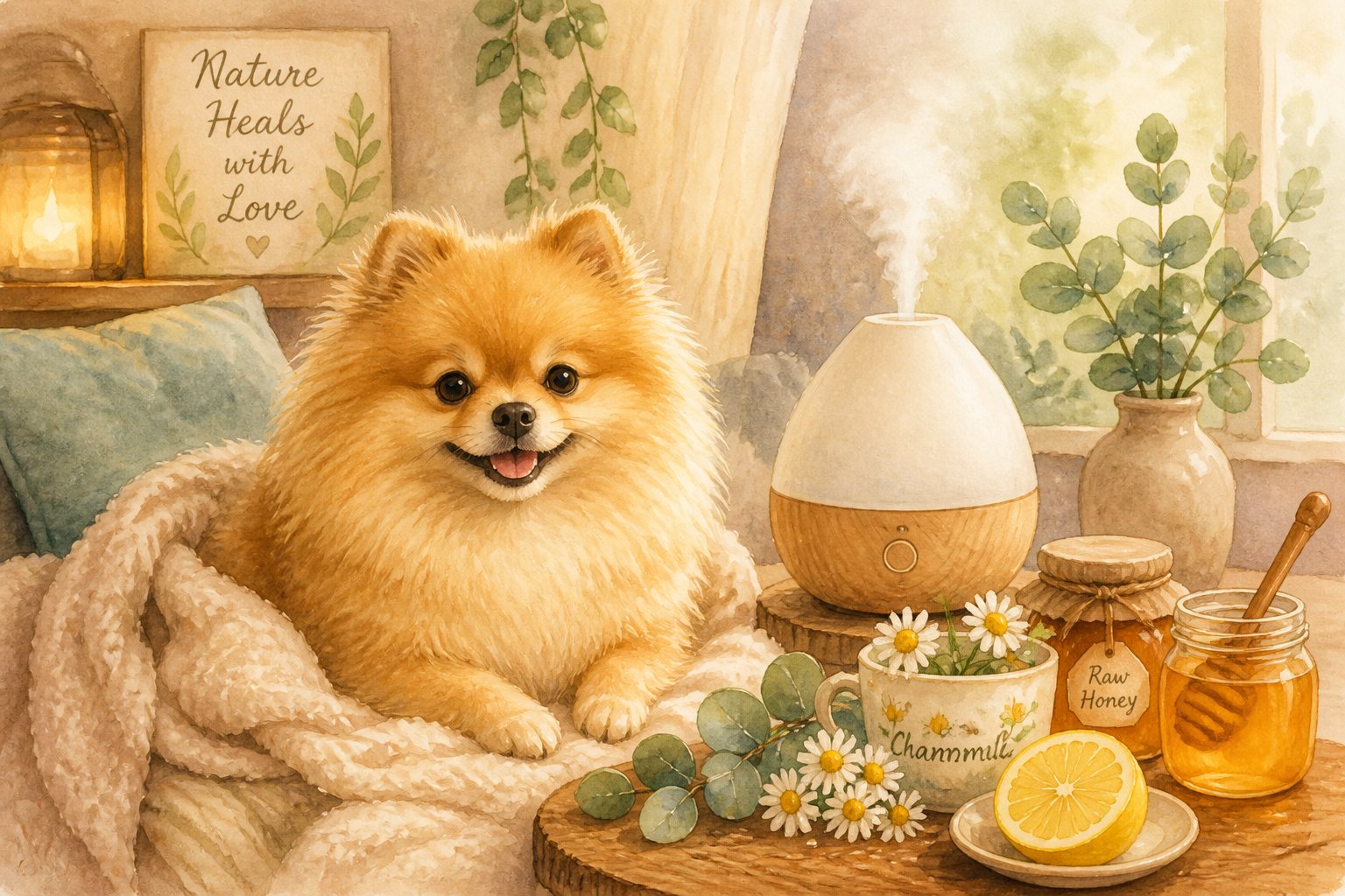 A small Pomeranian dog resting near a warm mist humidifier with natural remedy elements like eucalyptus, honey, chamomile, and lemon nearby in a cozy indoor setting.