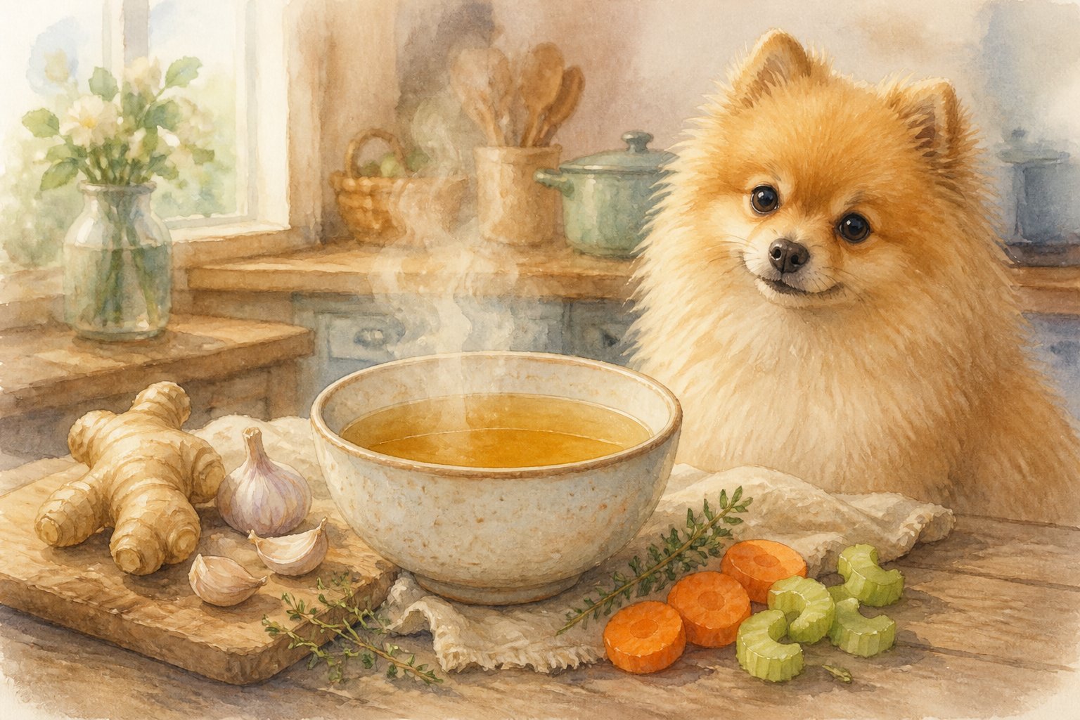 A steaming bowl of broth with natural ingredients on a wooden table and a calm Pomeranian dog sitting nearby.