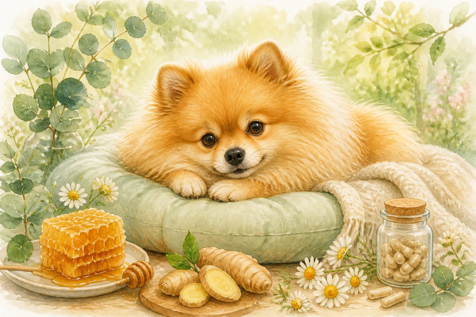 A small Pomeranian dog resting peacefully surrounded by natural herbs and remedies in a calm garden setting.