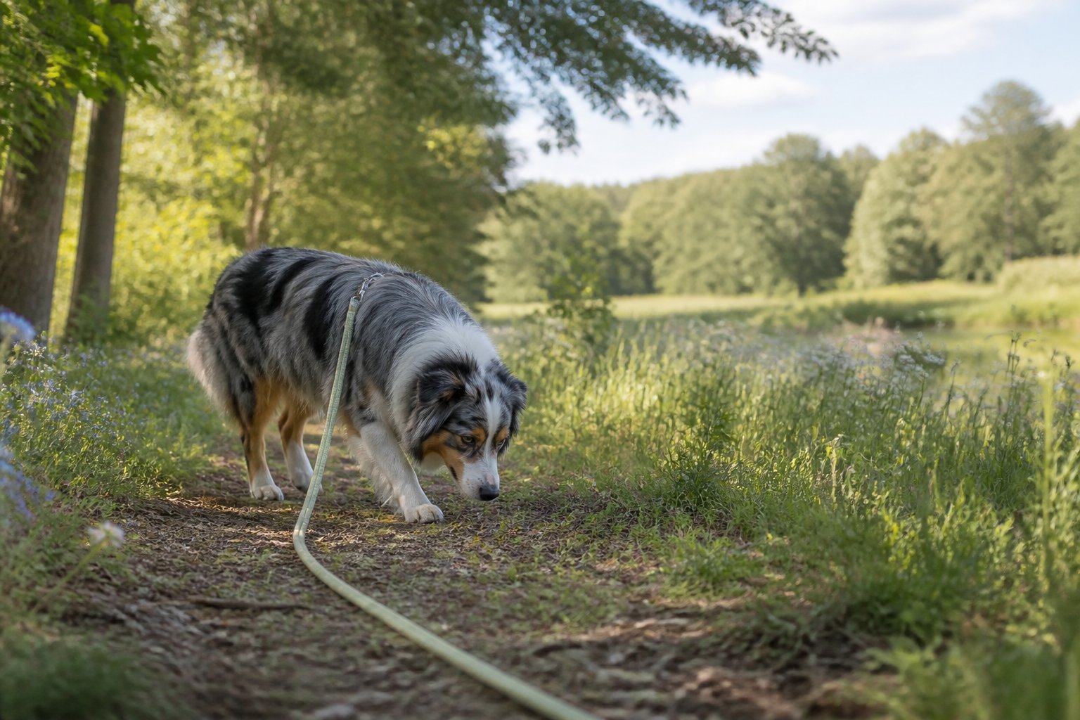 An Australian Shepherd walking calmly along a long line in a peaceful outdoor meadow surrounded by greenery and wildflowers.