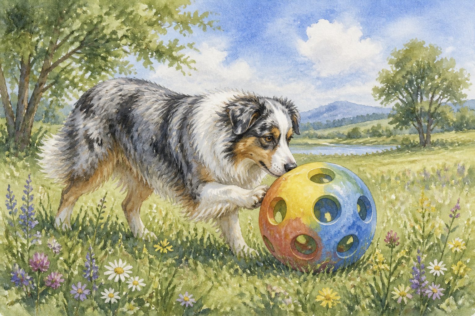 An Australian Shepherd dog gently pushing a large ball across a grassy field with wildflowers and trees in the background.