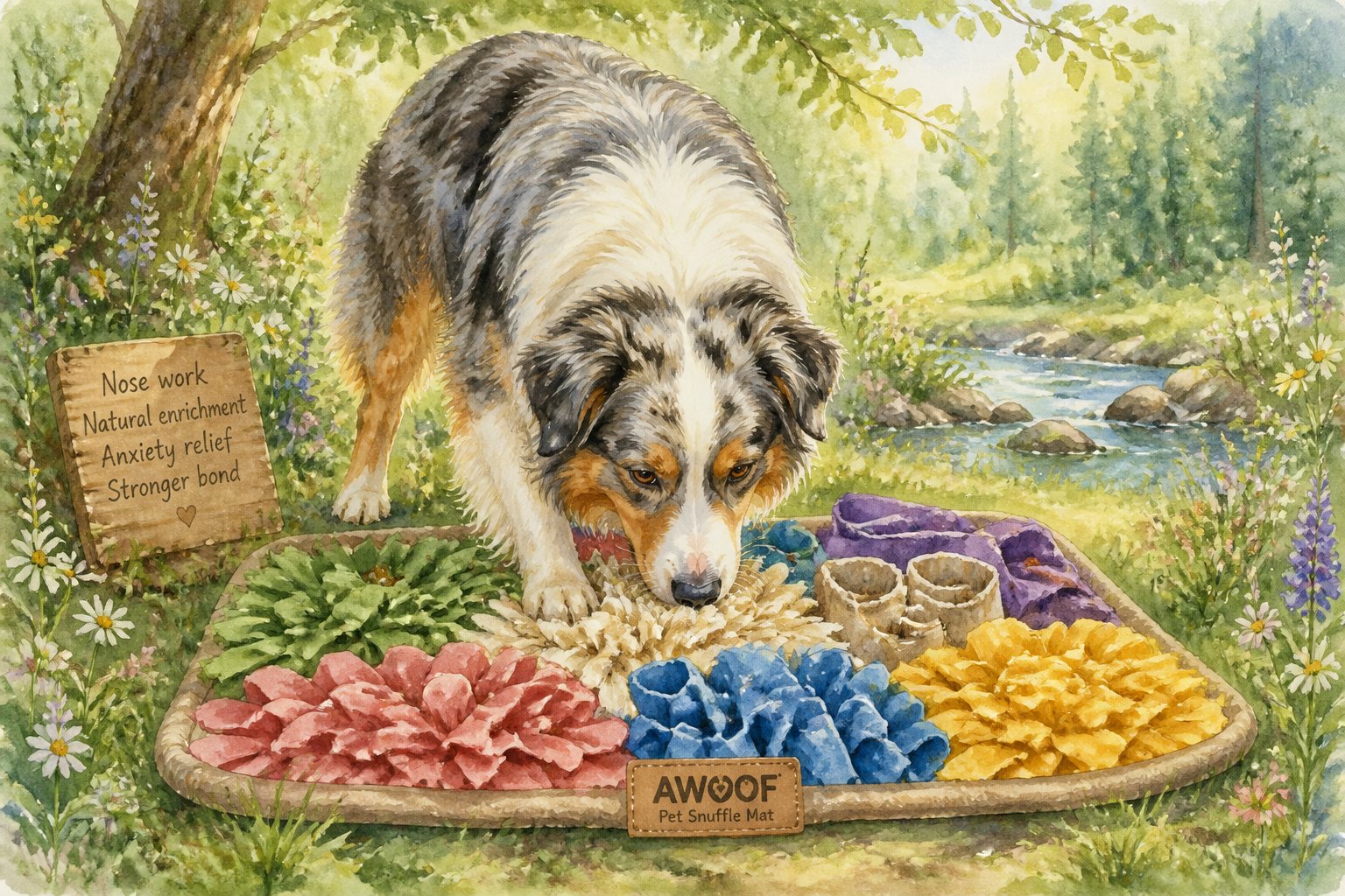 An Australian Shepherd dog exploring a colorful snuffle mat outdoors surrounded by greenery and flowers.