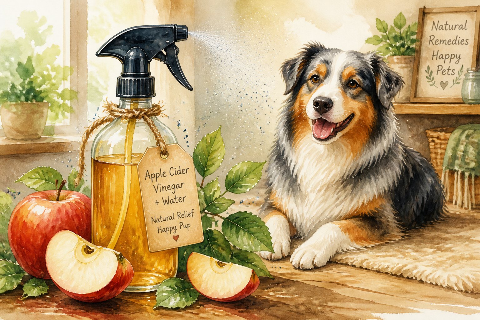A glass spray bottle with apple cider vinegar and water surrounded by apple leaves and slices, with an Australian Shepherd dog sitting nearby in a cozy home setting.