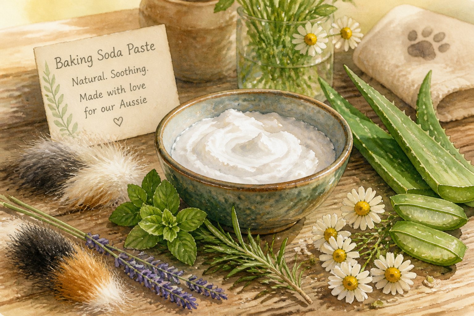 A small bowl of white baking soda paste with green herbs and dog fur patches on a wooden table.