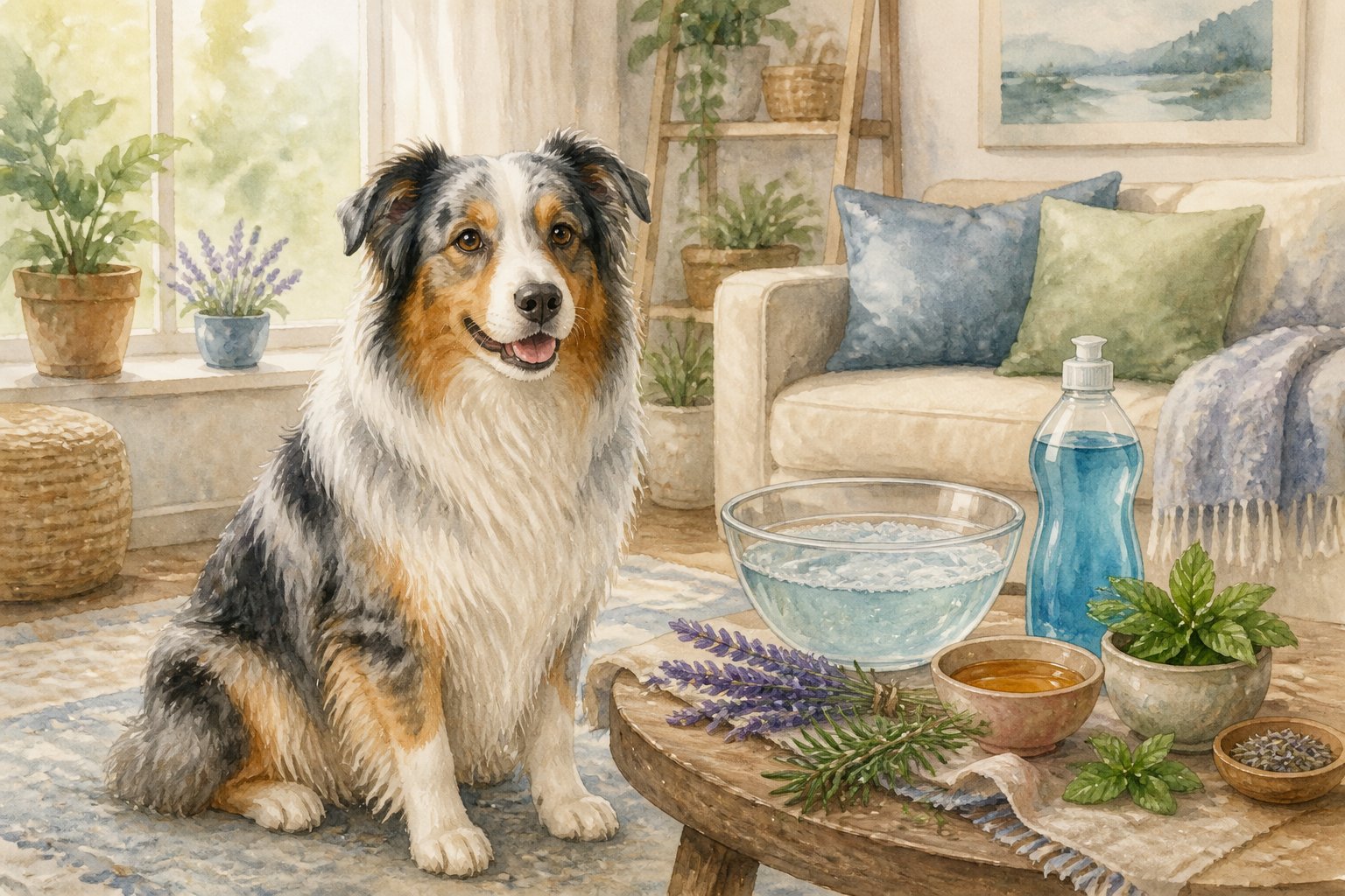 A calm Australian Shepherd sitting indoors near a table with a bowl of soapy water and natural herbs in a cozy home setting.