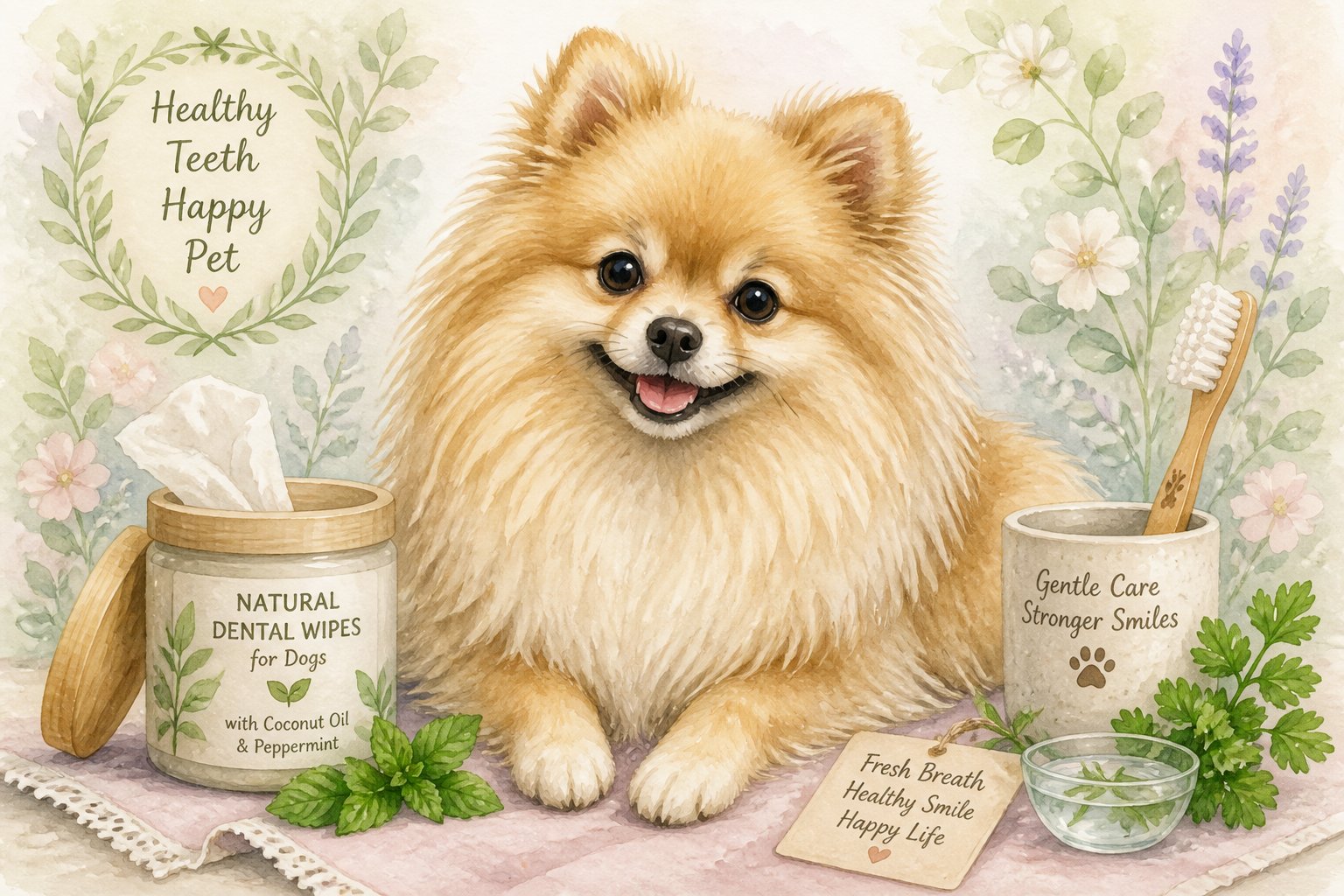 A small fluffy Pomeranian dog sitting calmly surrounded by natural dental care items like wipes, a toothbrush, and herbs.