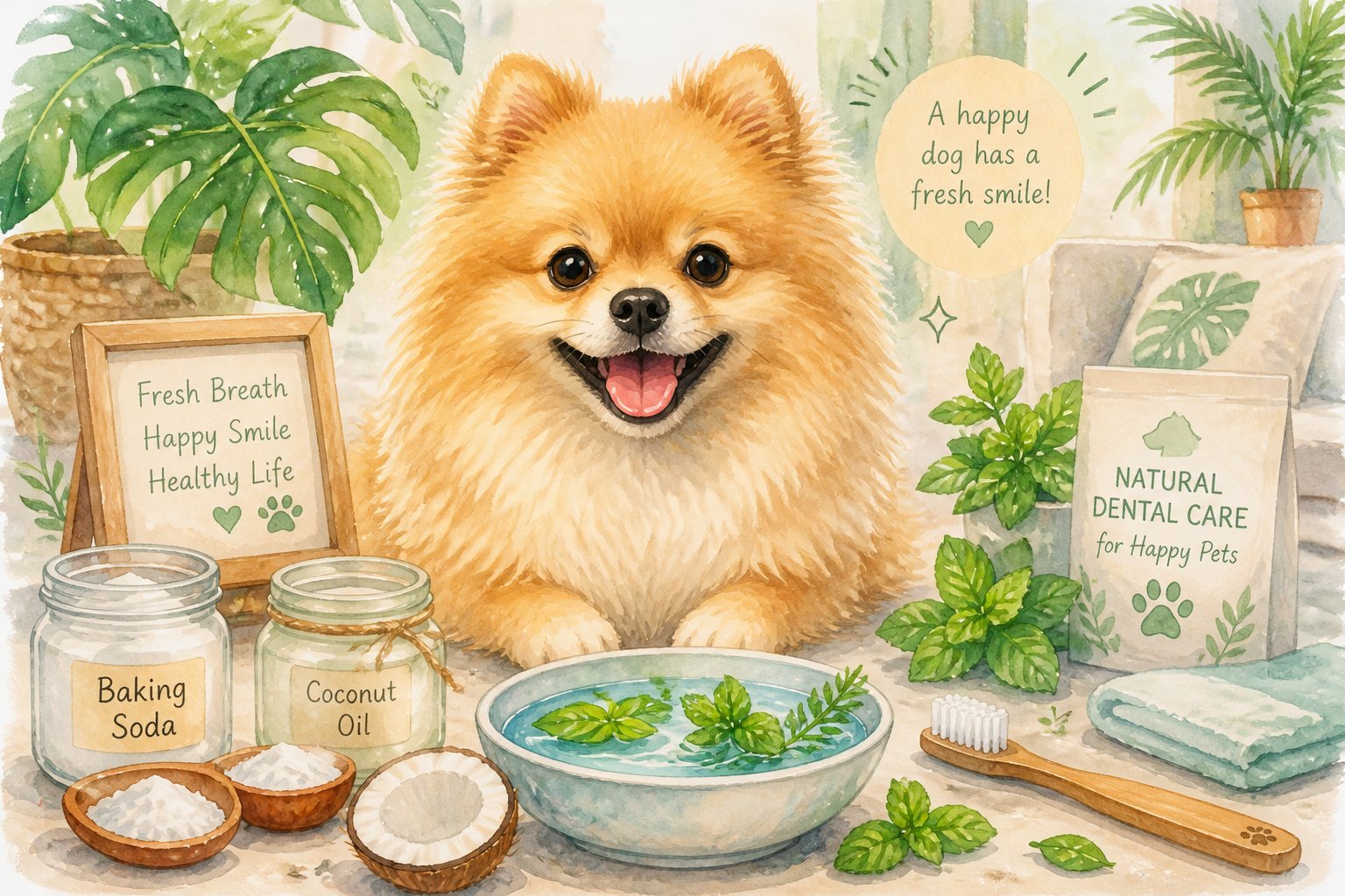 A happy Pomeranian dog near a bowl of herb-infused water with natural dental care items around it in a cozy home setting.