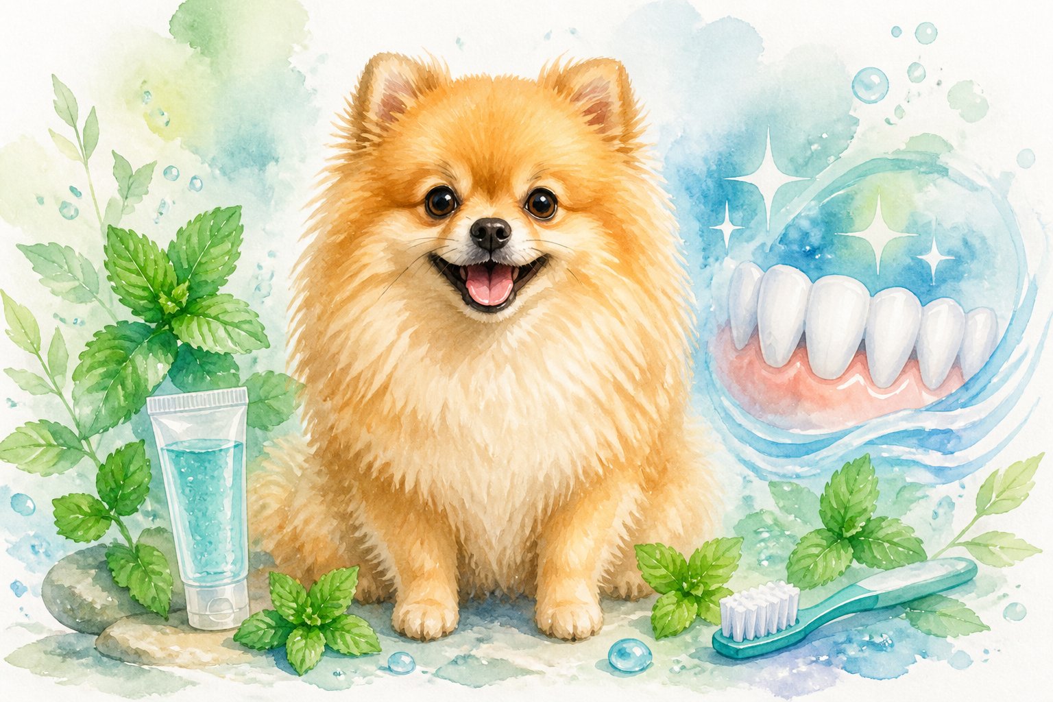 A happy Pomeranian dog sitting surrounded by mint leaves and a small gel tube, symbolizing dental care and freshness.