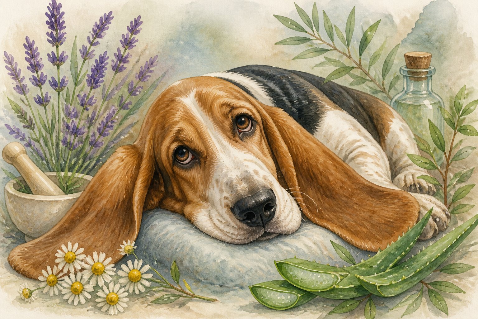 A Basset Hound resting surrounded by natural plants like lavender, chamomile, aloe vera, and tea tree branches.