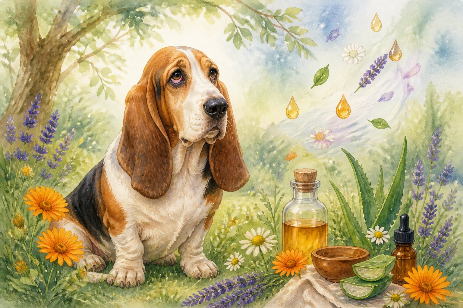 A calm Basset Hound sitting outdoors surrounded by grass, wildflowers, and natural plants representing ear mite treatments.