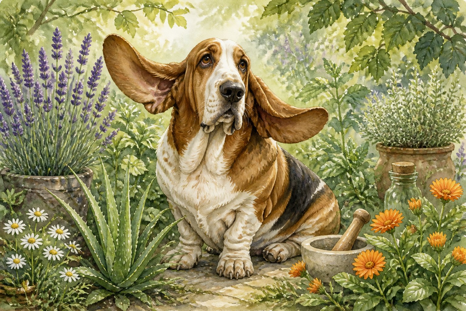 A calm Basset Hound sitting in a garden surrounded by healing plants and flowers, with soft sunlight filtering through the leaves.