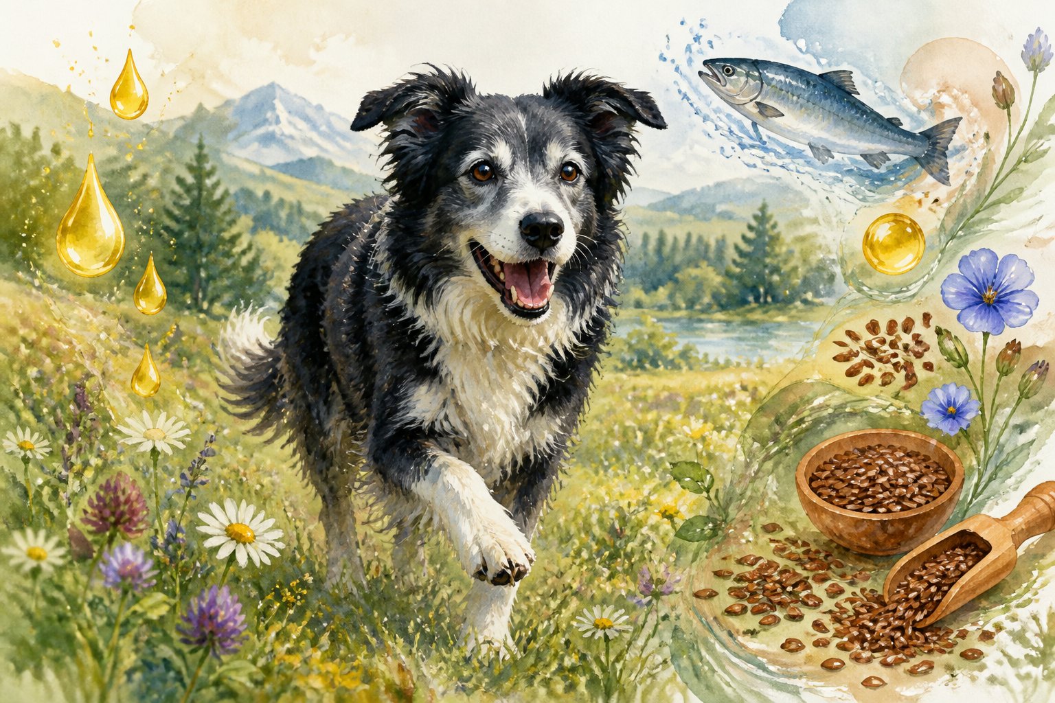 A senior dog of an active breed walking through a sunlit meadow with wildflowers and greenery, surrounded by natural elements symbolizing health and vitality.