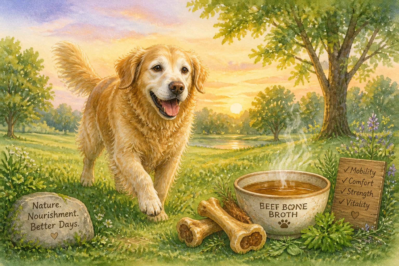 A senior active dog happily walking in a green park with natural elements like bones, herbs, and a bowl of beef bone broth nearby.