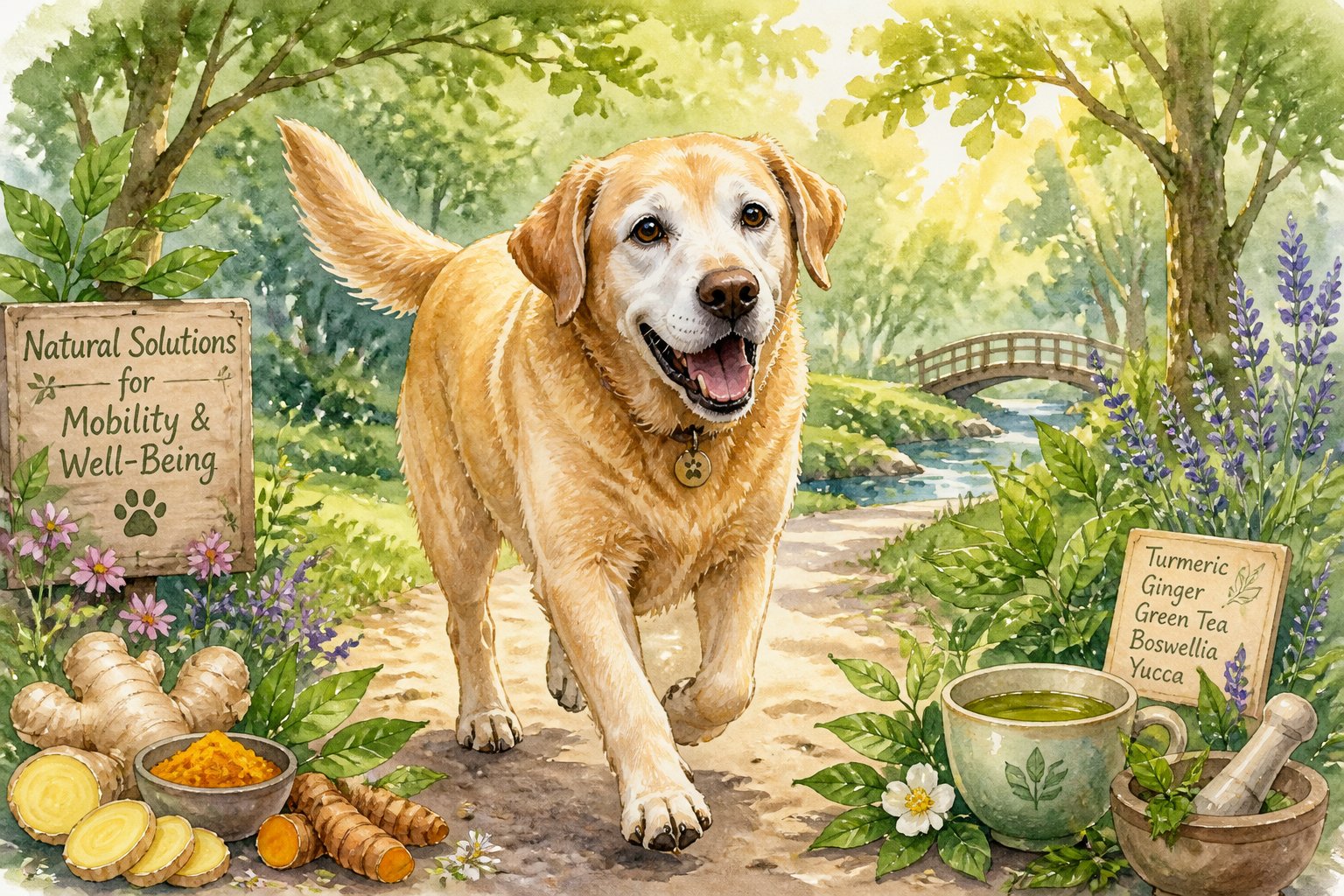 A senior dog happily walking in a sunlit park surrounded by trees, flowers, and natural plants.