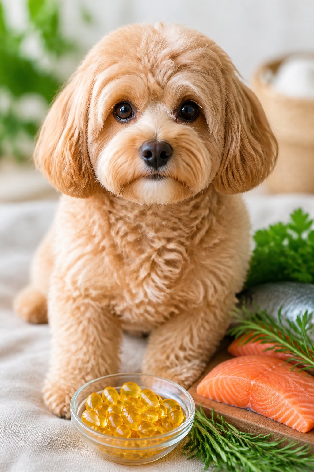 A healthy Maltipoo dog with a shiny coat sitting near fish oil capsules, fresh salmon, and green herbs on a soft surface.