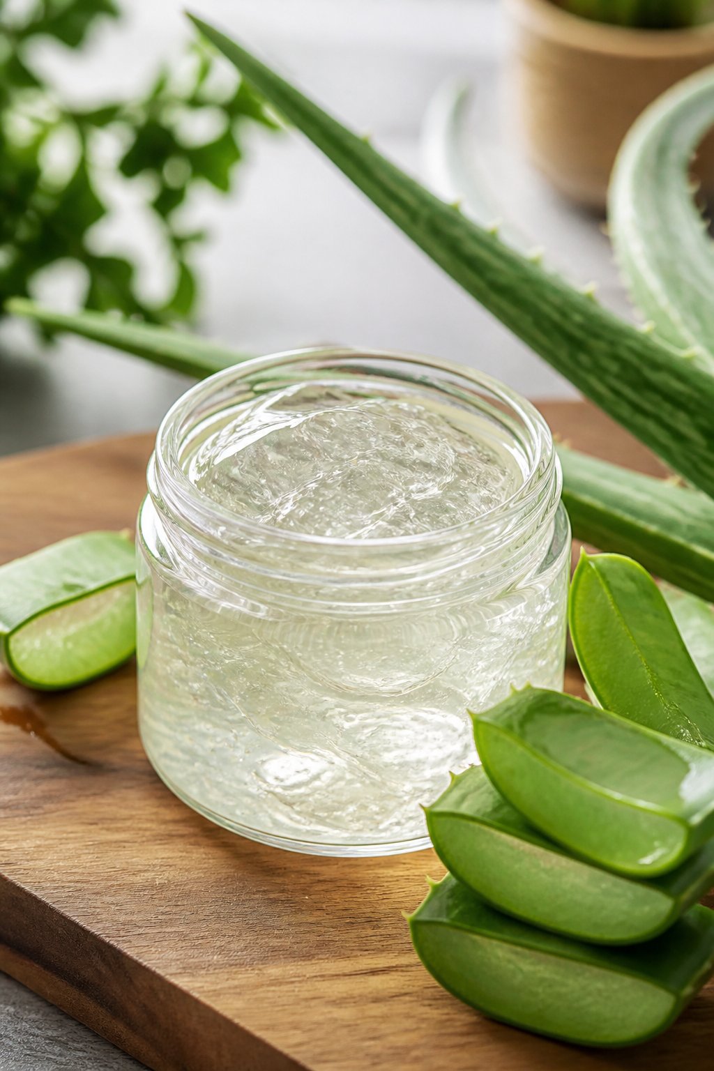 A jar of clear aloe vera gel next to fresh aloe vera leaves on a wooden surface with a soft natural background.
