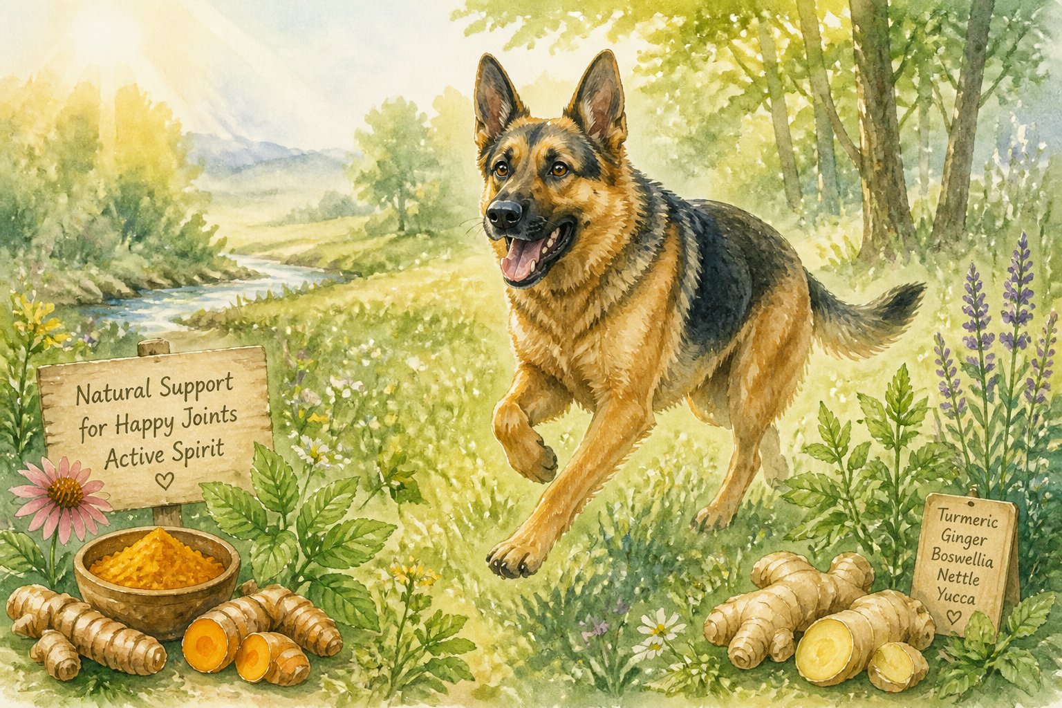 A German Shepherd running happily through a green meadow with wildflowers and trees, surrounded by natural plants symbolizing joint health.