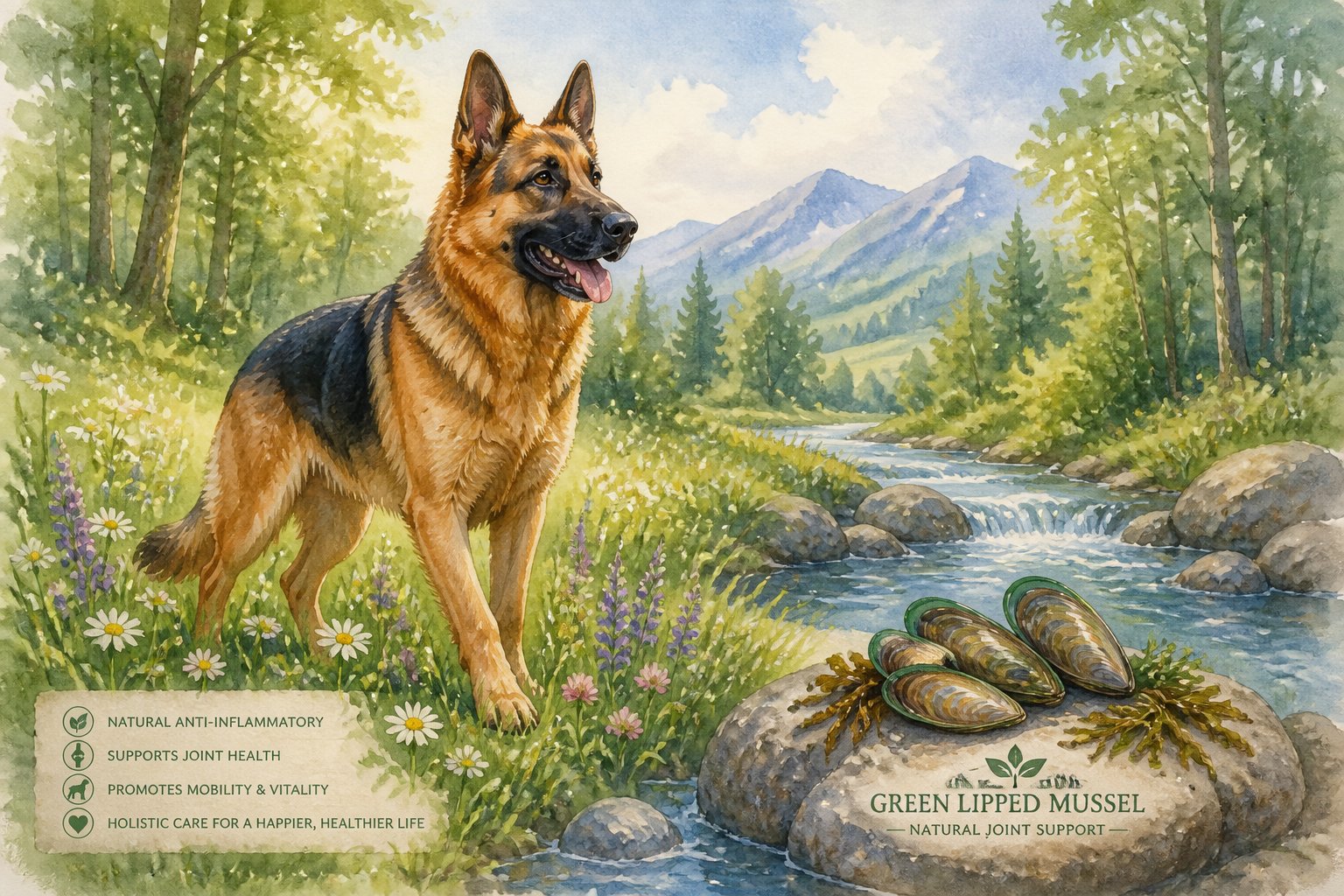 A German Shepherd standing in a green meadow near a stream with green-lipped mussels on a rock.
