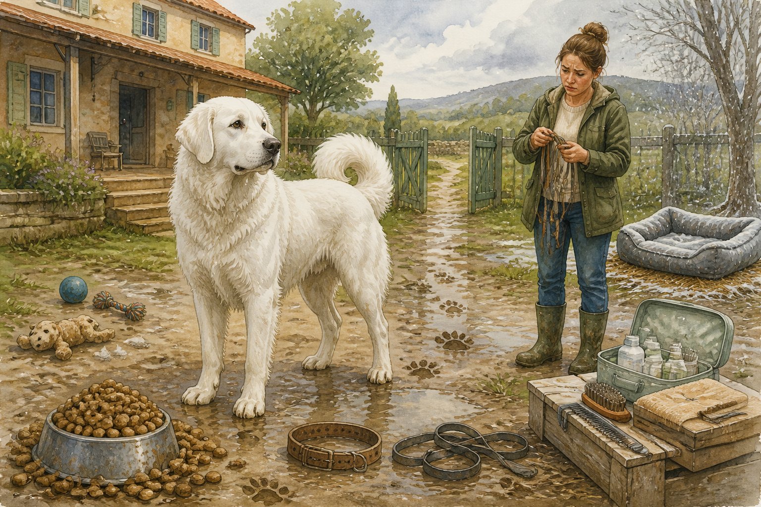 A white Akbash dog stands in a rural yard surrounded by visual signs of common care and training mistakes.