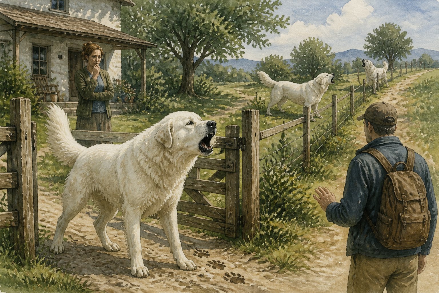 An Akbash dog barks intensely at a visitor near a fenced rural home while its owner stands nearby.