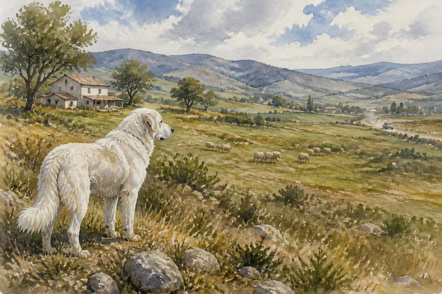 A white Akbash dog stands alert on an open rural property without a fence, looking toward a distant road and fields.