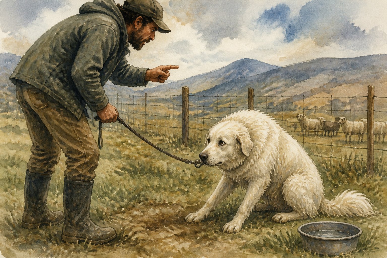 An uneasy white Akbash dog lowers its ears while a frustrated owner points sternly at it in a rural pasture.