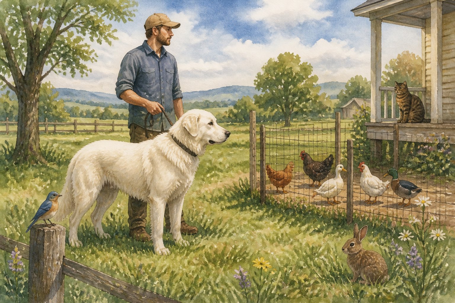 An owner calmly supervises a white Akbash dog near a fenced area containing chickens and ducks, with a cat and wildlife nearby.