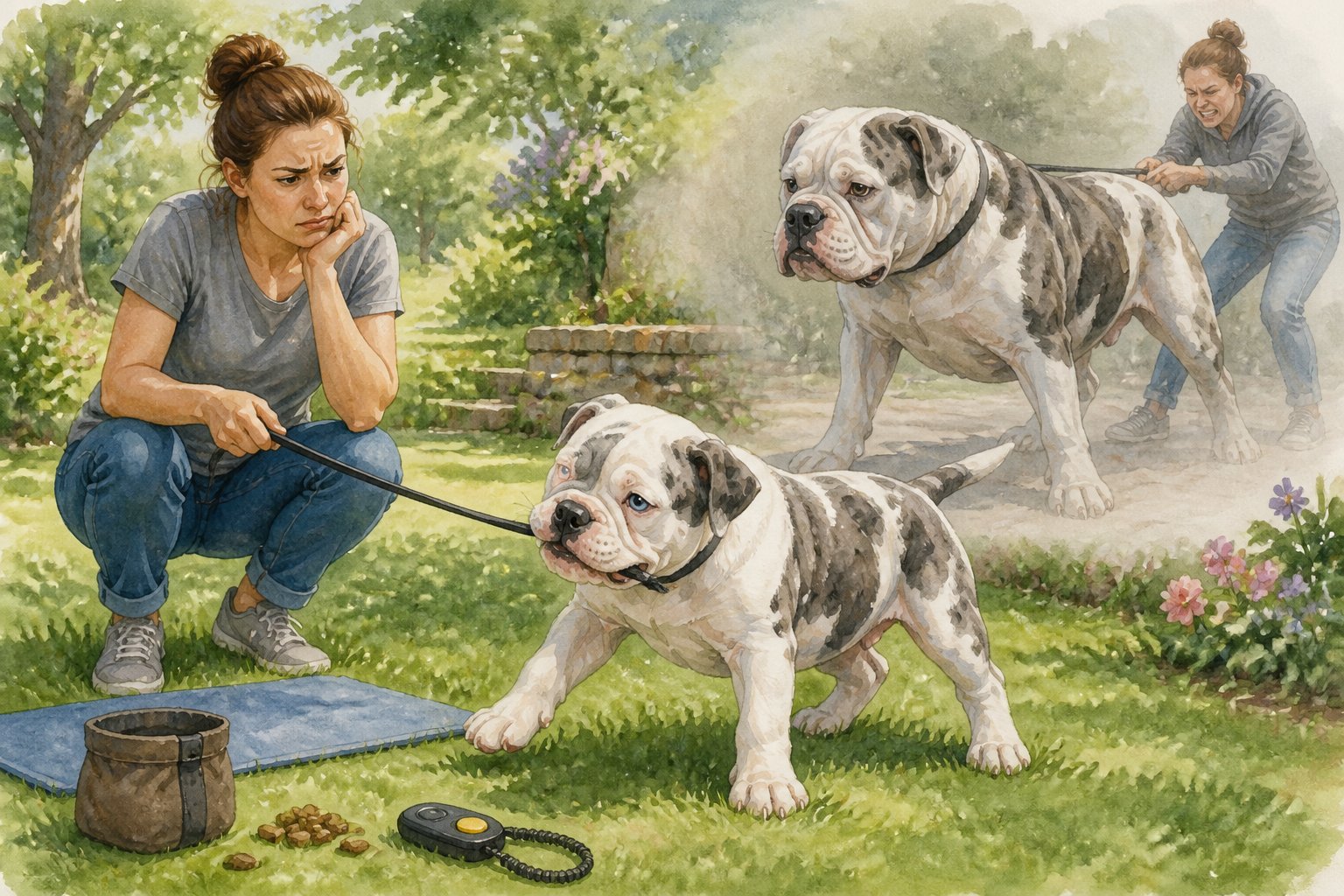 A young Alapaha Blue Blood Bulldog pulls on a leash while its owner prepares to begin obedience training.