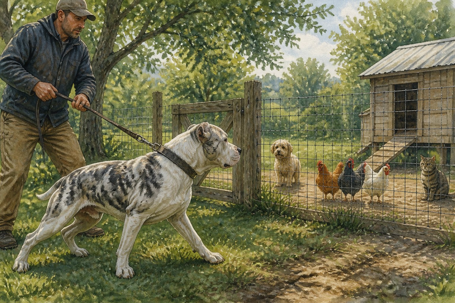 A leashed Alapaha Blue Blood Bulldog watches a small dog, chickens, and a cat from behind secure fencing in a rural yard.