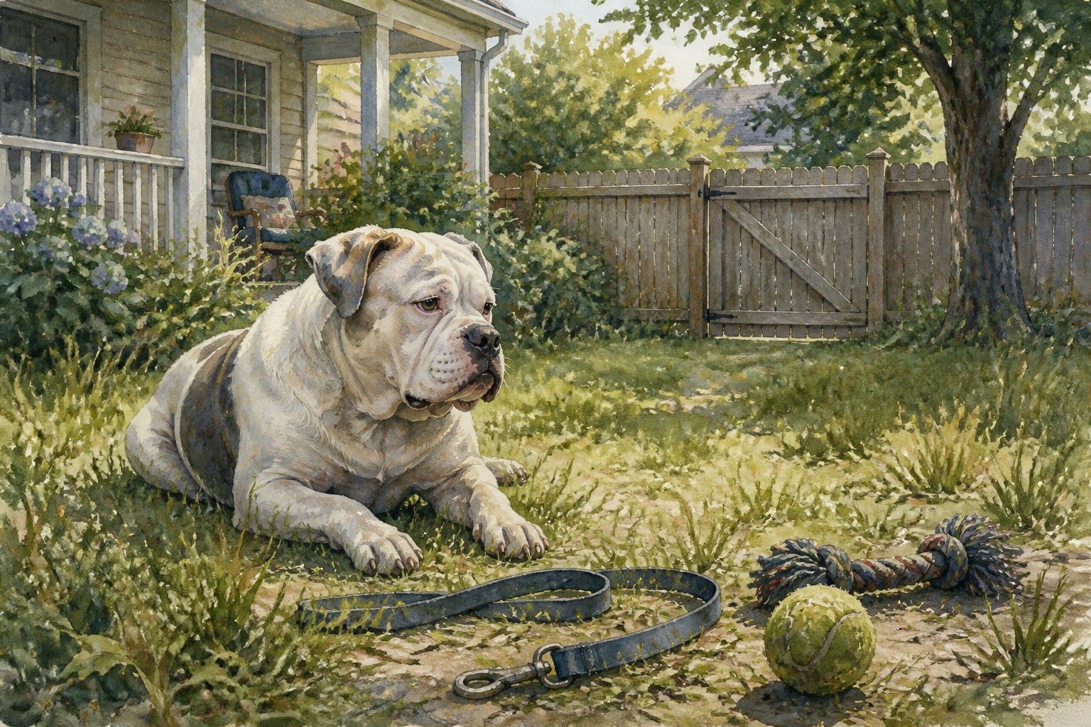 A bored Alapaha Blue Blood Bulldog rests in a backyard beside an unused ball and leash.