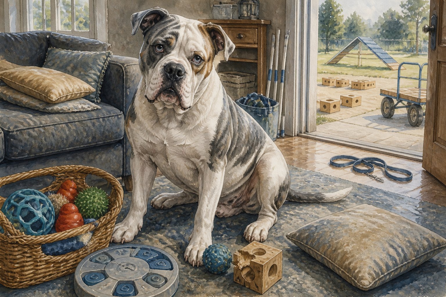 An Alapaha Blue Blood Bulldog sits restlessly beside unused toys and training equipment in a quiet home.