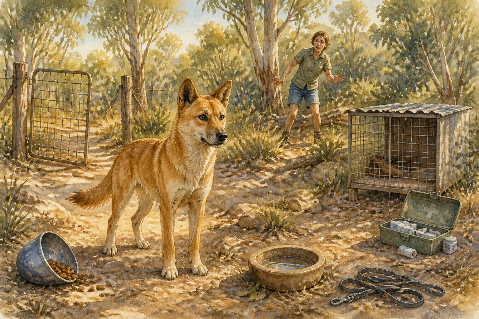 An Australian dingo stands in a sunlit eucalyptus bushland surrounded by visual hints of common care problems, including an open gate, overturned bowls, a tangled leash, and limited space.