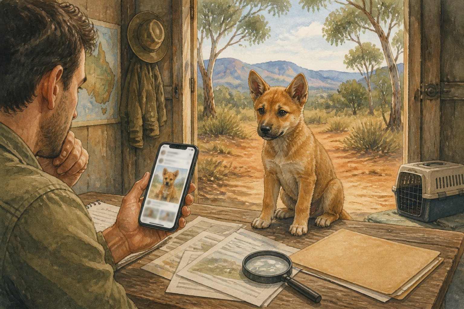 A concerned person examines an online listing beside an uncertain-looking dingo puppy and incomplete paperwork.