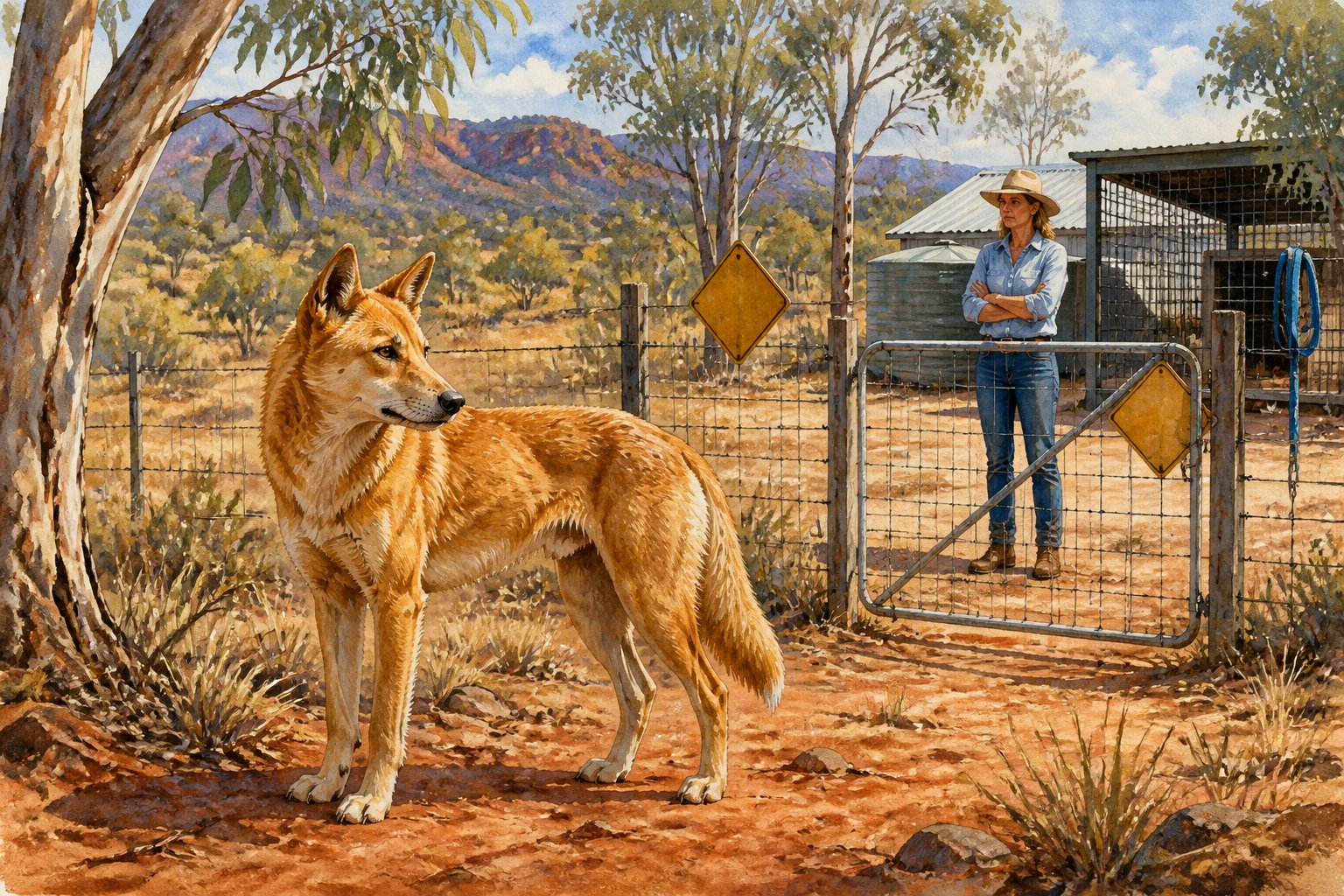 A dingo stands near a fenced rural property while its owner watches from a distance.