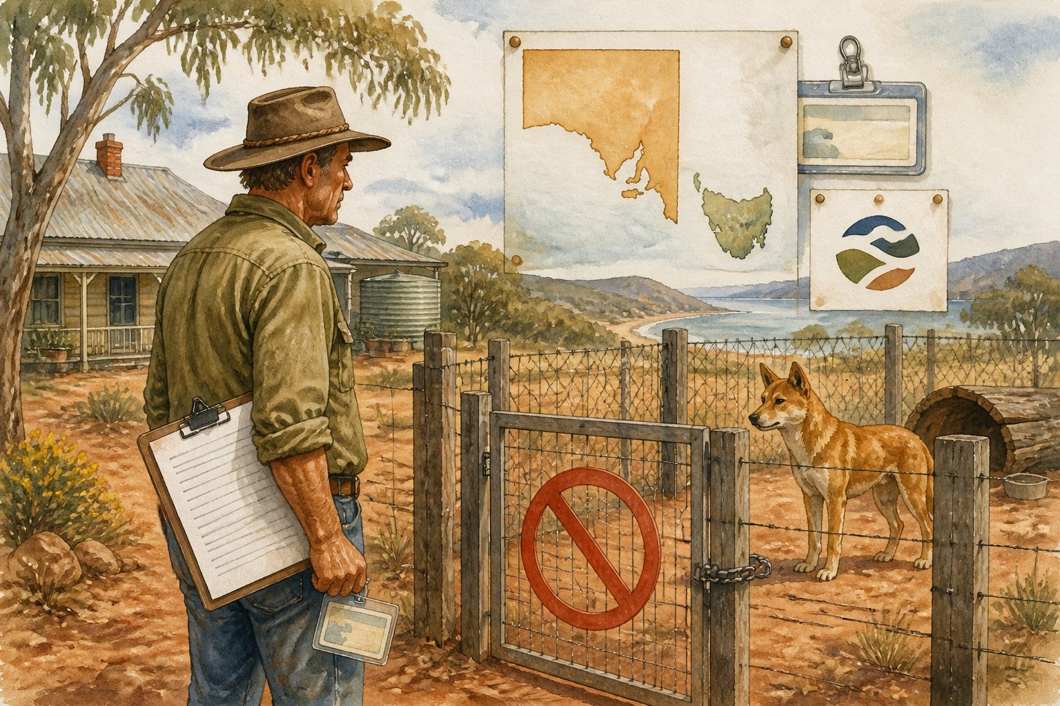 A rural property owner stands beside a secure enclosure holding a calm dingo, with a closed gate and a map of South Australia and Tasmania in the background.