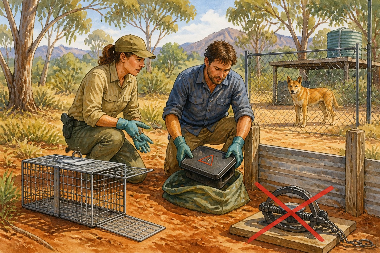 A pet dingo stands safely behind a fence while an owner and wildlife professional manage hazardous bait and trap equipment in an Australian yard.