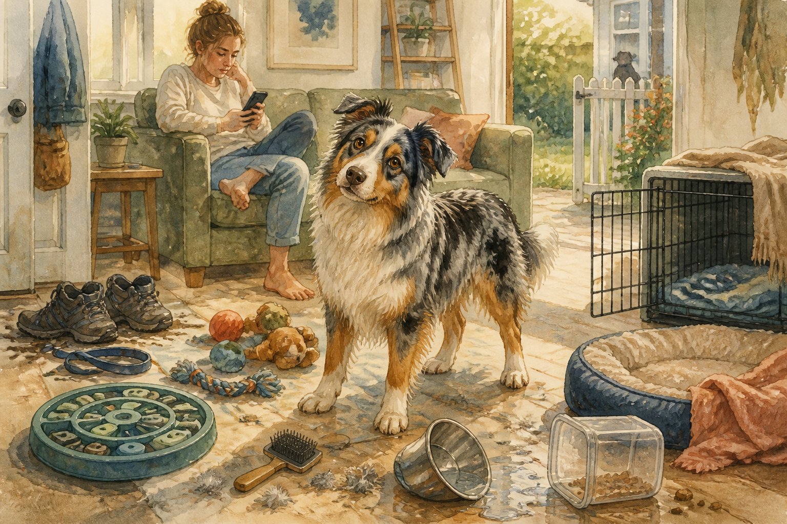 An Australian Shepherd stands in a cluttered home surrounded by unused pet supplies, scattered toys, and grooming tools while its distracted owner looks at a phone.