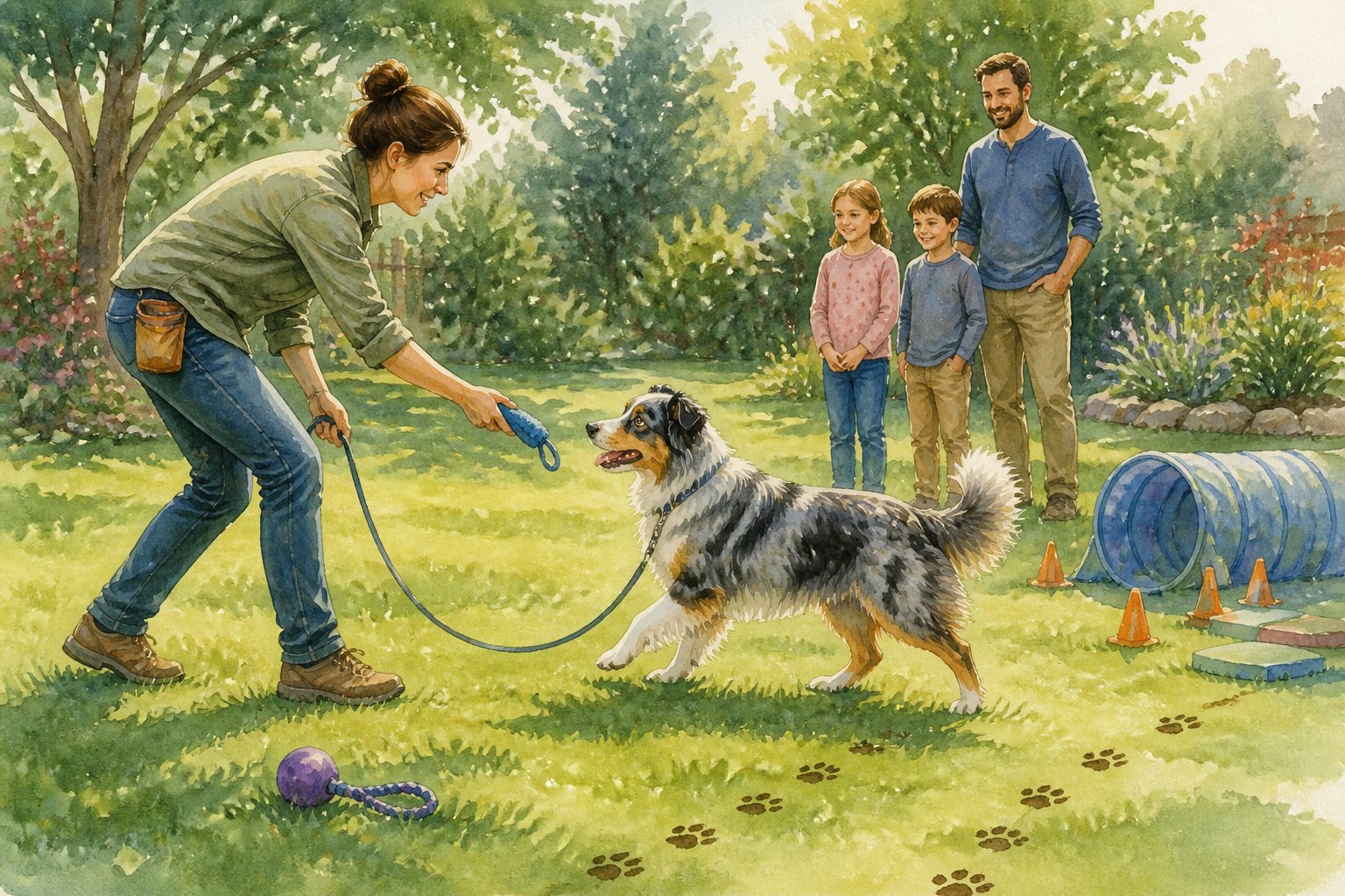 An owner calmly redirects an Australian Shepherd with a toy while children stand safely nearby in a grassy park.