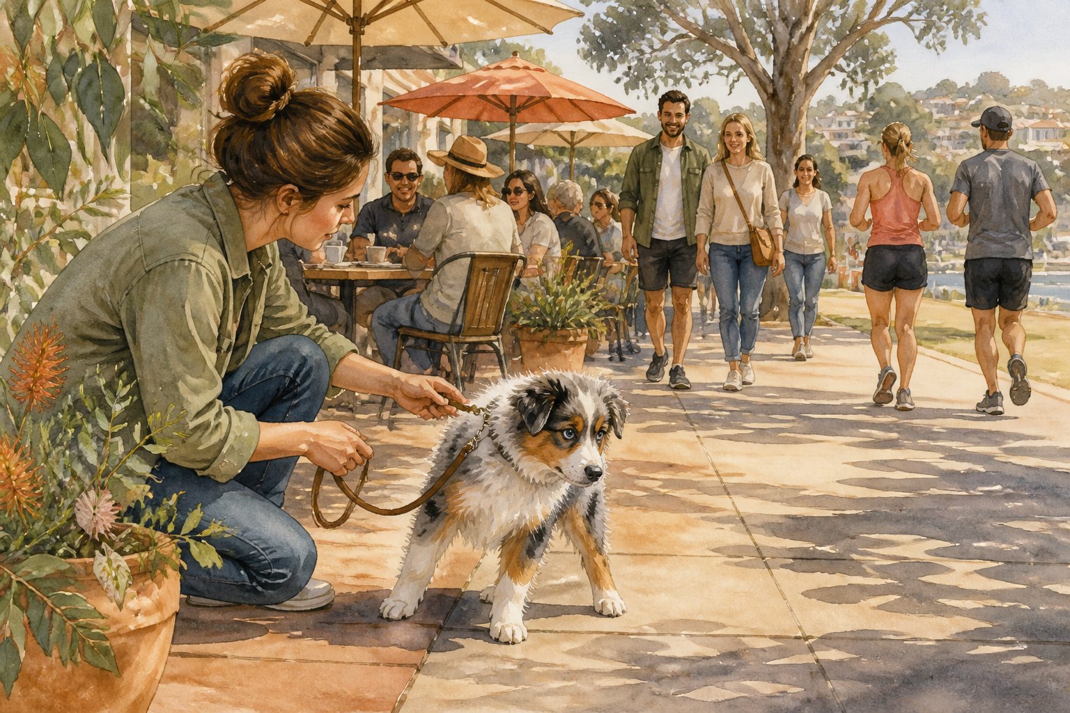 A young Australian Shepherd hesitates beside its owner near joggers, visitors, and a busy outdoor café.