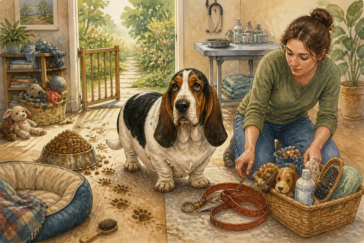 A Basset Artésien Normand sits indoors beside an owner organizing food, a leash, grooming tools, toys, and health-care supplies, with signs of several care mistakes around the room.